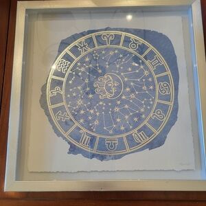 Marmont Silver Foil Celestial Zodiac Wheel Print Framed Silver Shadow Box Blue